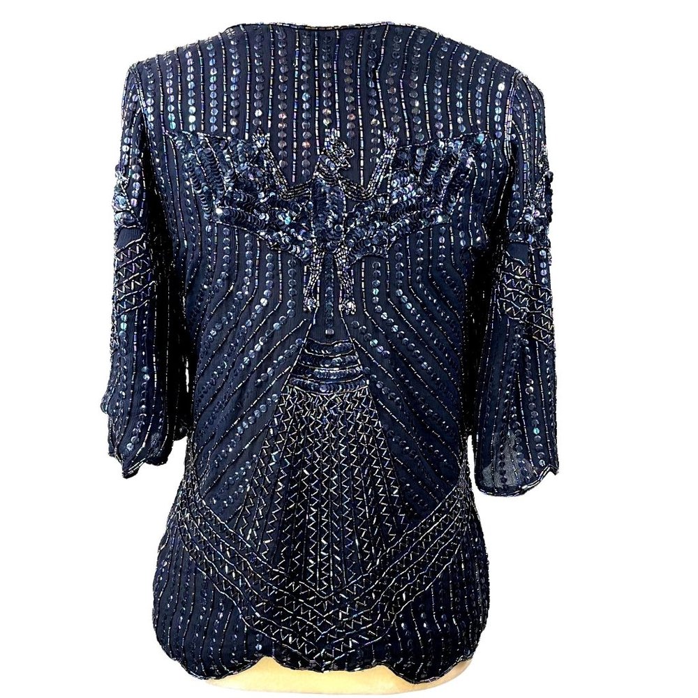70s Vintage Le Mieux Black 100% Silk Art Deco Beaded Sequined Bat Motif Blouse - Picture 2 of 9